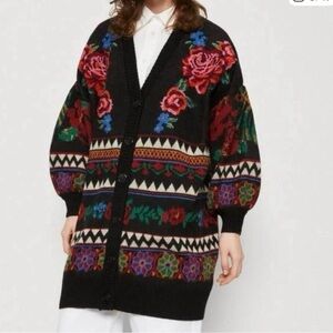 Farm Rio Floral Patterned Black Cardigan Sweater Rare M